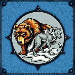 An emblem symbolizing a medieval civilization or kingdom of savages, featuring a bear and a wolf prominently displayed on an icy leather background