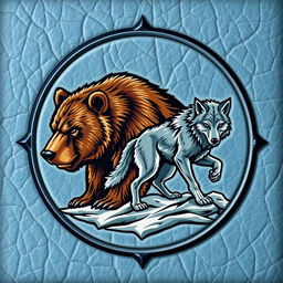 An emblem symbolizing a medieval civilization or kingdom of savages, featuring a bear and a wolf prominently displayed on an icy leather background