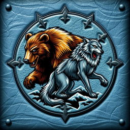 An emblem symbolizing a medieval civilization or kingdom of savages, featuring a bear and a wolf prominently displayed on an icy leather background