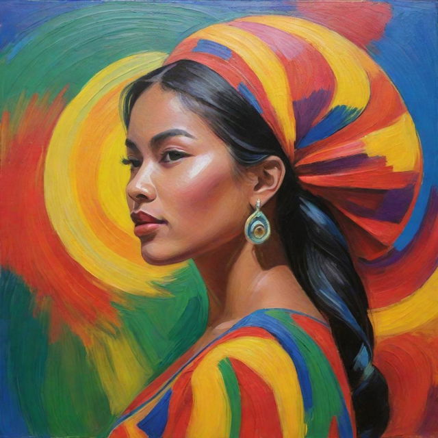 A Fauvist composition of a Filipina woman in traditional attire viewed from the side. Her profile is bold against a swirl of vibrant colors symbolizing her culture, including interpretations of the Philippine archipelago, a jeepney, and a Sunbird.