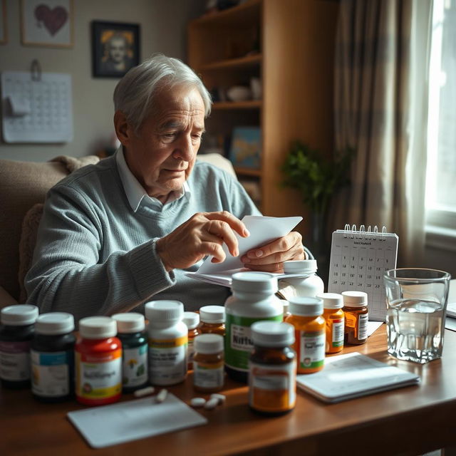 A heartwarming scene featuring an elderly person in a cozy home environment, surrounded by a variety of medication bottles and health supplements on a well-organized table