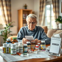 A heartwarming scene featuring an elderly person in a cozy home environment, surrounded by a variety of medication bottles and health supplements on a well-organized table