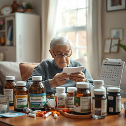 A heartwarming scene featuring an elderly person in a cozy home environment, surrounded by a variety of medication bottles and health supplements on a well-organized table