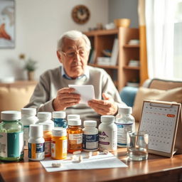 A heartwarming scene featuring an elderly person in a cozy home environment, surrounded by a variety of medication bottles and health supplements on a well-organized table