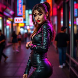 An attractive girl dressed in a tight, shiny black leather outfit that enhances her silhouette