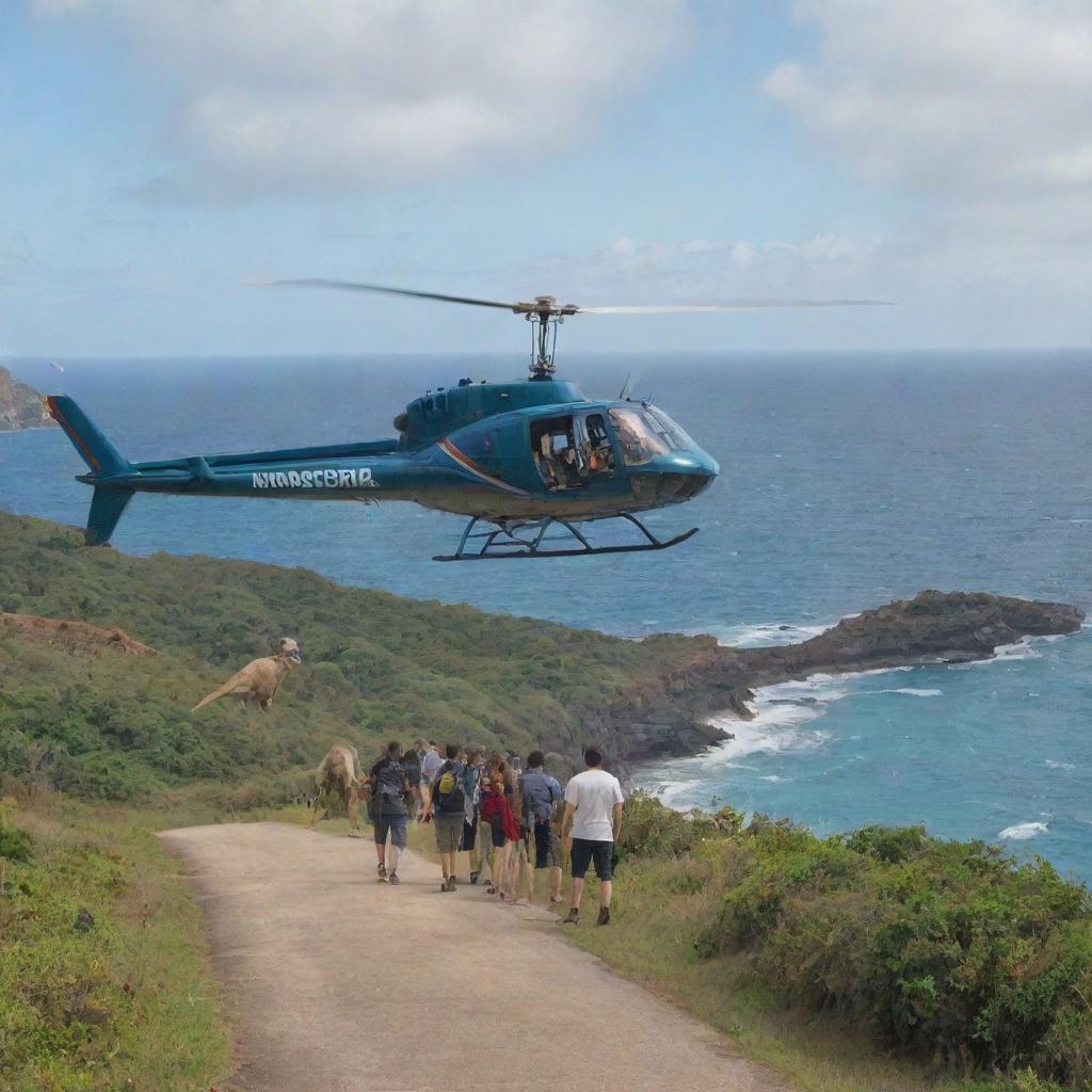 A group of anticipating individuals boarding a helicopter, set on a journey towards the Jurassic-themed island. The helicopter lifts off, with the distant view of the dinosaur-filled park against the ocean making an awe-inspiring backdrop.