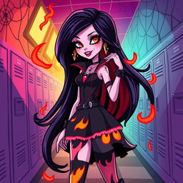 A dynamic and vibrant illustration of the character 'Marceline the Vampire Queen' from Adventure Time, reimagined as a Monster High character