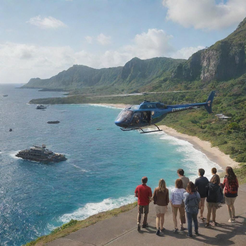 A group of anticipating individuals boarding a helicopter, set on a journey towards the Jurassic-themed island. The helicopter lifts off, with the distant view of the dinosaur-filled park against the ocean making an awe-inspiring backdrop.