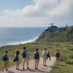 A group of anticipating individuals boarding a helicopter, set on a journey towards the Jurassic-themed island. The helicopter lifts off, with the distant view of the dinosaur-filled park against the ocean making an awe-inspiring backdrop.