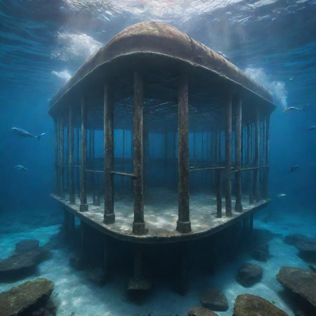 A massive underwater enclosure in the ocean near the Jurassic-themed island, housing the colossal marine creature, a Mosasaurus. The cage is made of long, electrified iron bars, ensuring safety while allowing clear underwater visibility.