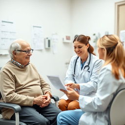 A compassionate scene featuring an elderly person sitting in a clinic or doctor's office, engaged in a friendly conversation with two medical professionals, a doctor and a nurse