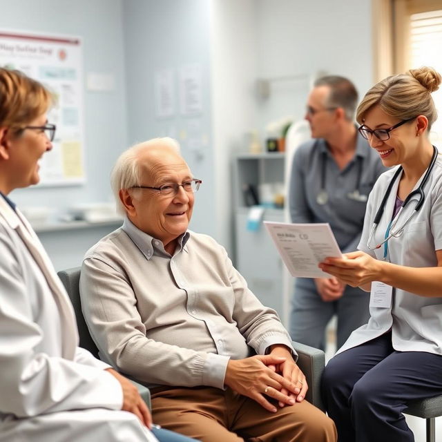 A compassionate scene featuring an elderly person sitting in a clinic or doctor's office, engaged in a friendly conversation with two medical professionals, a doctor and a nurse