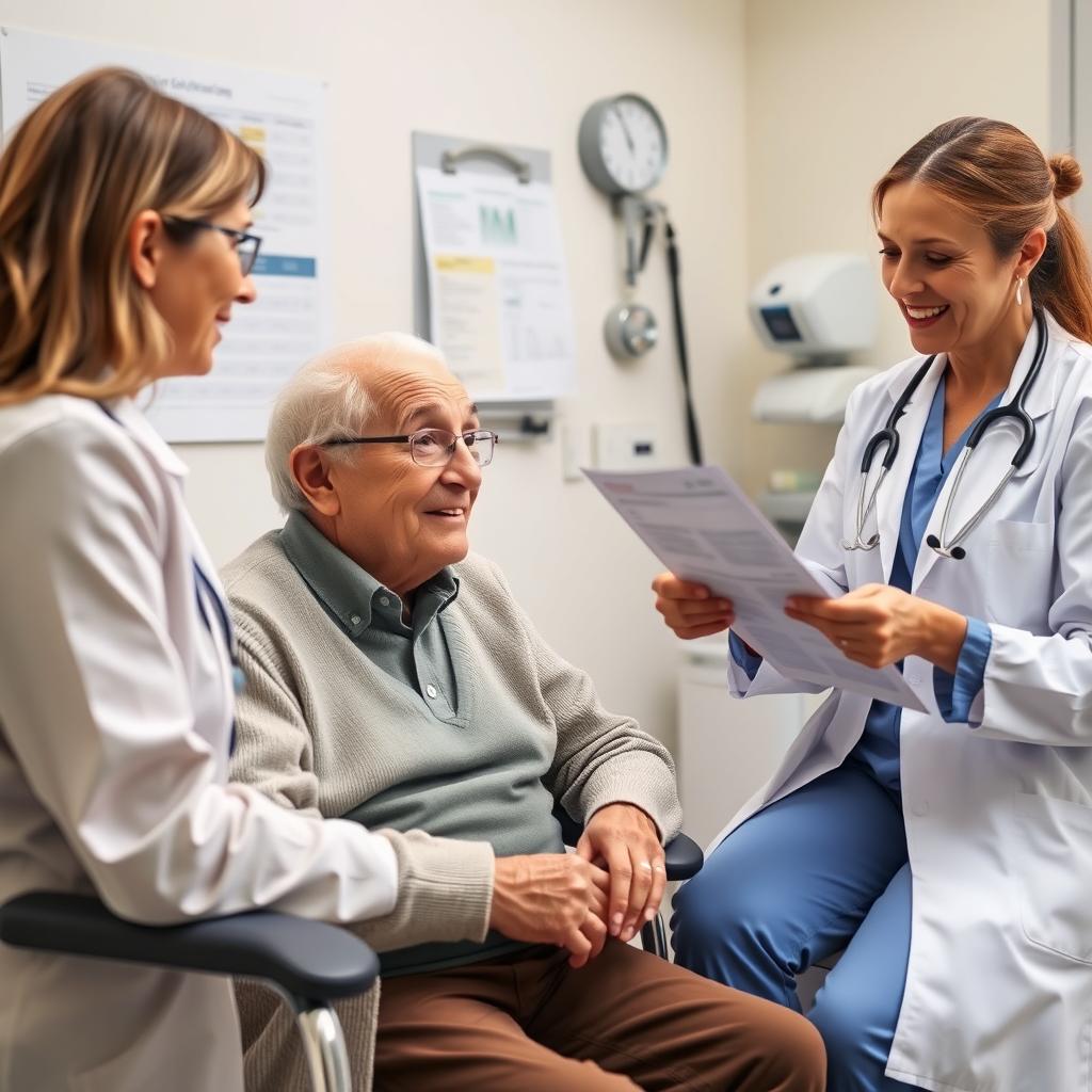 A compassionate scene featuring an elderly person sitting in a clinic or doctor's office, engaged in a friendly conversation with two medical professionals, a doctor and a nurse