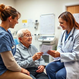 A compassionate scene featuring an elderly person sitting in a clinic or doctor's office, engaged in a friendly conversation with two medical professionals, a doctor and a nurse