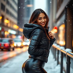 A stunning girl wearing a tight, shiny black puffer outfit that accentuates her figure perfectly