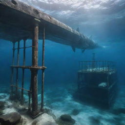 A massive underwater enclosure in the ocean near the Jurassic-themed island, housing the colossal marine creature, a Mosasaurus. The cage is made of long, electrified iron bars, ensuring safety while allowing clear underwater visibility.