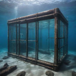 A massive underwater enclosure in the ocean near the Jurassic-themed island, housing the colossal marine creature, a Mosasaurus. The cage is made of long, electrified iron bars, ensuring safety while allowing clear underwater visibility.