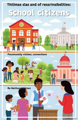 A conceptual illustration depicting the rights and responsibilities of individuals as school citizens, community members, and national citizens