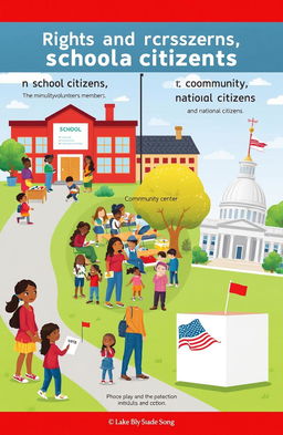 A conceptual illustration depicting the rights and responsibilities of individuals as school citizens, community members, and national citizens