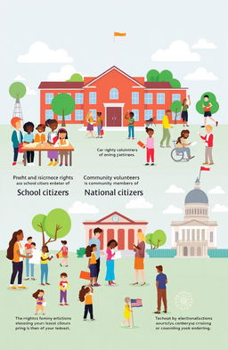 A conceptual illustration depicting the rights and responsibilities of individuals as school citizens, community members, and national citizens