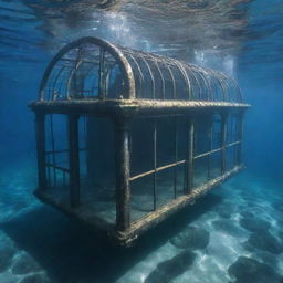 A massive underwater enclosure in the ocean near the Jurassic-themed island, housing the colossal marine creature, a Mosasaurus. The cage is made of long, electrified iron bars, ensuring safety while allowing clear underwater visibility.