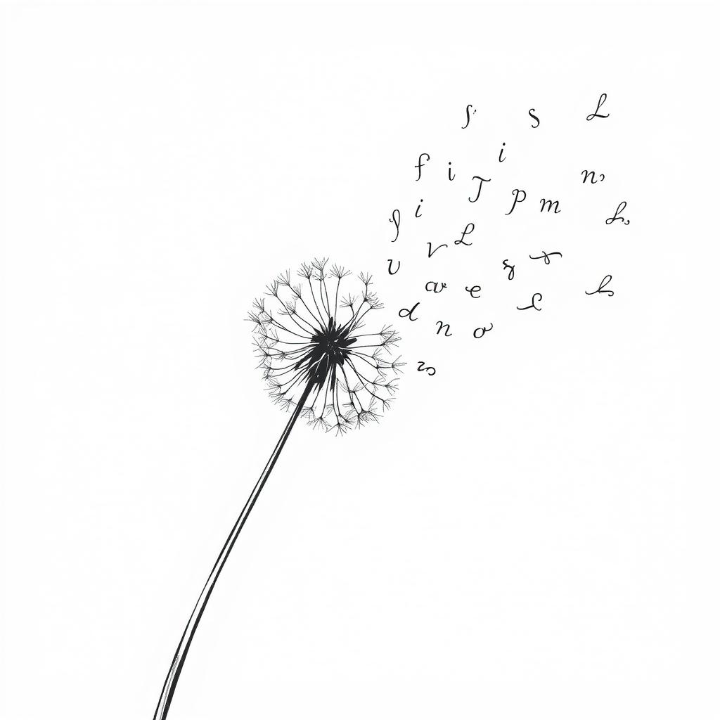 A hand-drawn black and white illustration with fine and elegant lines depicting a partially blown dandelion