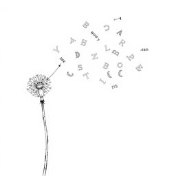 A hand-drawn black and white illustration with fine and elegant lines depicting a partially blown dandelion