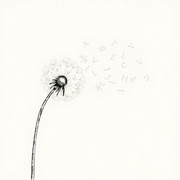 A hand-drawn black and white illustration with fine and elegant lines depicting a partially blown dandelion