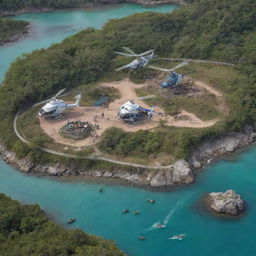 From a bird's eye view, a group of tourists taking a helicopter tour over the Jurassic-Theme Island. They are observing numerous dinosaur enclosures, including those of T-Rex, Velociraptors, and the underwater cage of Mosasaurus.