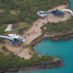 From a bird's eye view, a group of tourists taking a helicopter tour over the Jurassic-Theme Island. They are observing numerous dinosaur enclosures, including those of T-Rex, Velociraptors, and the underwater cage of Mosasaurus.