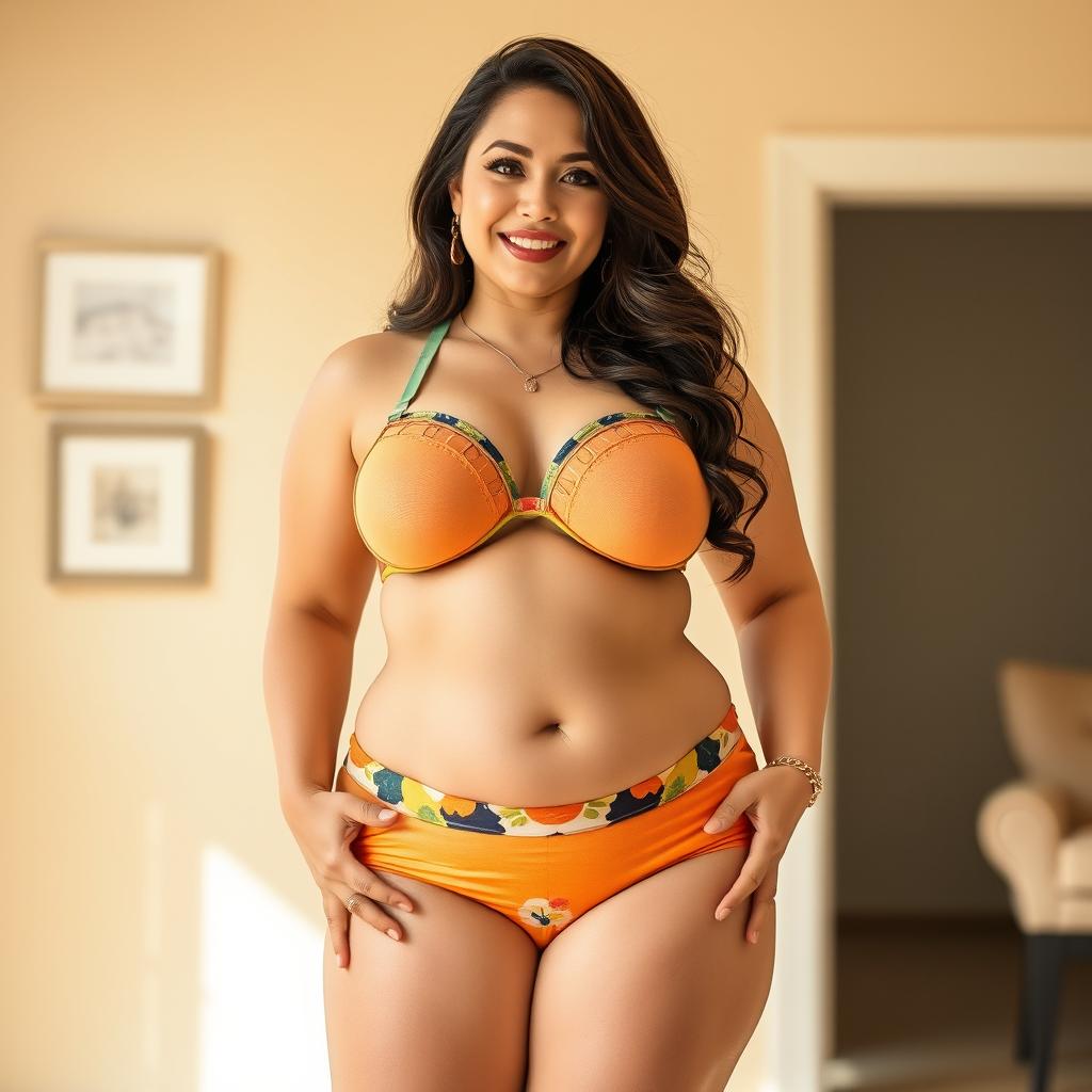 A busty woman with proportionate curves, showcasing her big breasts and well-defined assets, wearing stylish and colorful panties and a matching bra