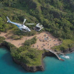 From a bird's eye view, a group of tourists taking a helicopter tour over the Jurassic-Theme Island. They are observing numerous dinosaur enclosures, including those of T-Rex, Velociraptors, and the underwater cage of Mosasaurus.