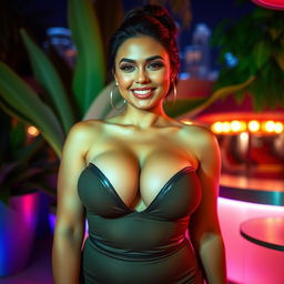 A beautiful, voluptuous woman with big breasts, radiating confidence and allure