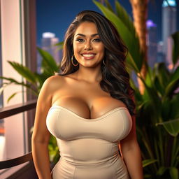 A beautiful, voluptuous woman with big breasts, radiating confidence and allure