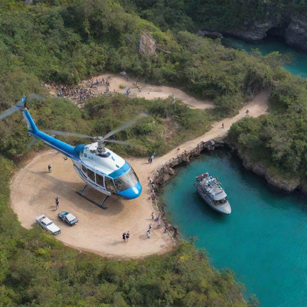 From a bird's eye view, a group of tourists taking a helicopter tour over the Jurassic-Theme Island. They are observing numerous dinosaur enclosures, including those of T-Rex, Velociraptors, and the underwater cage of Mosasaurus.