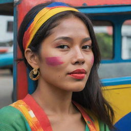 A Fauvist side-profile of a Filipina woman embracing her heritage, her face confidently turned towards symbolic elements - the archipelago, a jeepney, and the Sunbird. The colors are vibrant and bold, reflecting her proud identity.