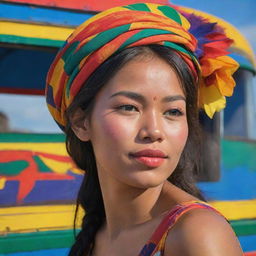 A Fauvist side-profile of a Filipina woman embracing her heritage, her face confidently turned towards symbolic elements - the archipelago, a jeepney, and the Sunbird. The colors are vibrant and bold, reflecting her proud identity.