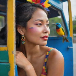 A Fauvist side-profile of a Filipina woman embracing her heritage, her face confidently turned towards symbolic elements - the archipelago, a jeepney, and the Sunbird. The colors are vibrant and bold, reflecting her proud identity.