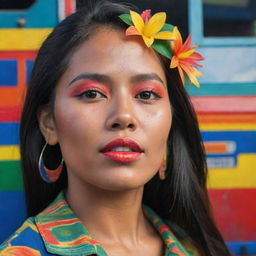 A Fauvist side-profile of a Filipina woman embracing her heritage, her face confidently turned towards symbolic elements - the archipelago, a jeepney, and the Sunbird. The colors are vibrant and bold, reflecting her proud identity.