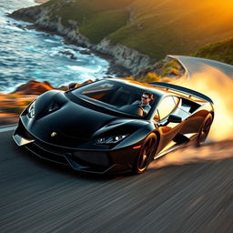 A dynamic scene featuring a sleek, high-performance supercar in motion, kicking up dust as it speeds along a winding coastal road