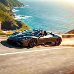 A dynamic scene featuring a sleek, high-performance supercar in motion, kicking up dust as it speeds along a winding coastal road