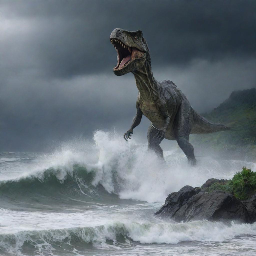 The previously calm Jurassic-themed island now amidst a ferocious storm. High winds whip through, heavy rain pouring down, waves crashing against the shorelines, the dinosaurs and human structures seemingly struggling against nature's fury.