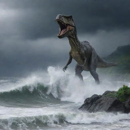 The previously calm Jurassic-themed island now amidst a ferocious storm. High winds whip through, heavy rain pouring down, waves crashing against the shorelines, the dinosaurs and human structures seemingly struggling against nature's fury.