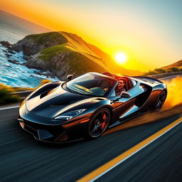 A dynamic scene featuring a sleek, high-performance supercar in motion, kicking up dust as it speeds along a winding coastal road