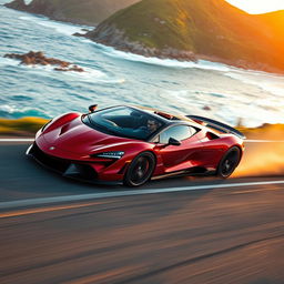 A dynamic scene featuring a sleek, high-performance supercar in motion, kicking up dust as it speeds along a winding coastal road