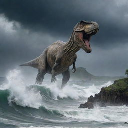 The previously calm Jurassic-themed island now amidst a ferocious storm. High winds whip through, heavy rain pouring down, waves crashing against the shorelines, the dinosaurs and human structures seemingly struggling against nature's fury.