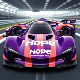 A sleek, futuristic car design concept for the racing team named 'Hope Motorsports'