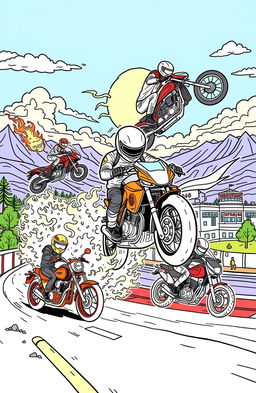 A collection of intricate coloring book pages featuring various motorcycles and bikers showcasing dynamic Moto skills