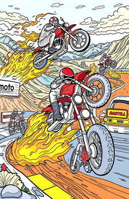 A collection of intricate coloring book pages featuring various motorcycles and bikers showcasing dynamic Moto skills