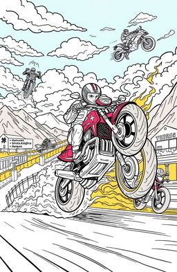 A collection of intricate coloring book pages featuring various motorcycles and bikers showcasing dynamic Moto skills